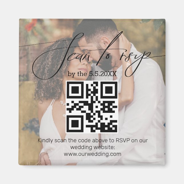 Íman elegante código qr rsvp casamento foto desbotada (Frente)