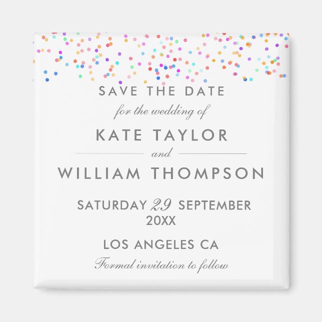 Íman Elegante Confetes de Arco-Íris Save The Date (Frente)