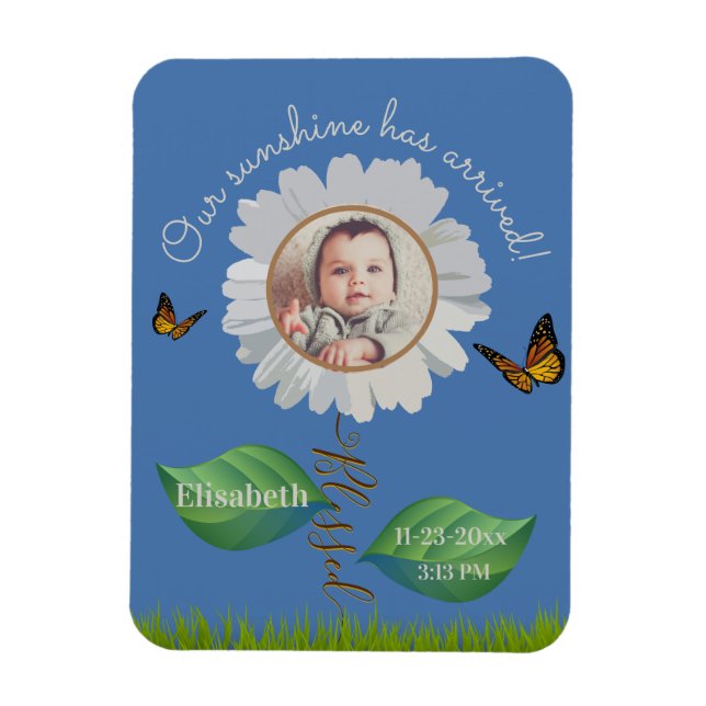 Íman Elegante Daisy Blue Floral Cute Baby Photo e Name (Vertical)