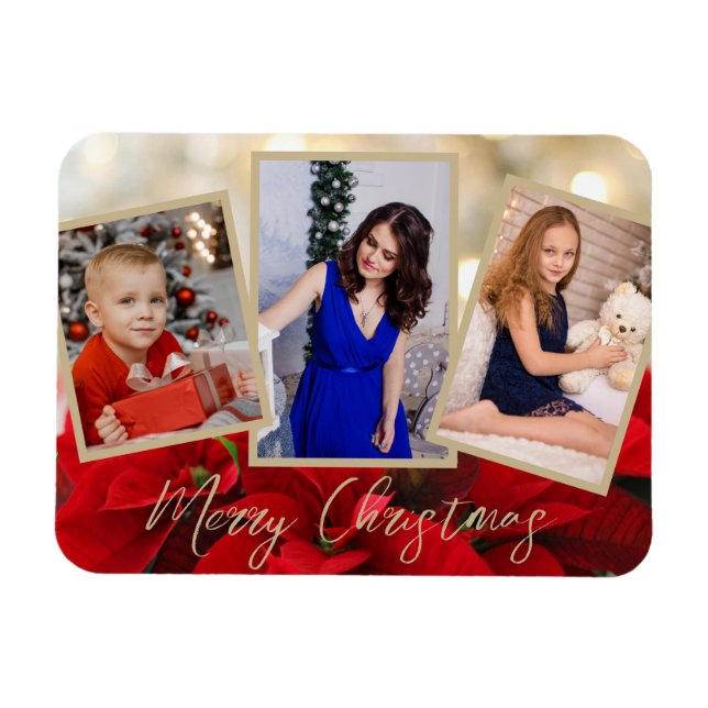 Íman Elegante Dourada Poinsettia Feliz Natal 3 Fotos (Horizontal)