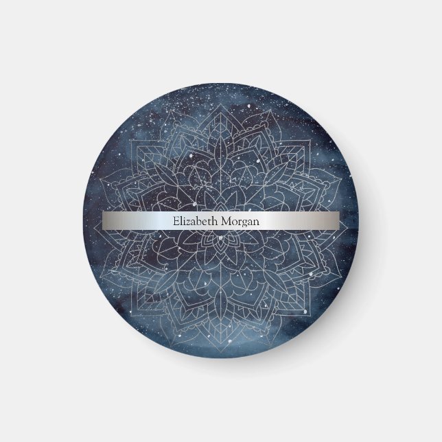 Íman Elegante Mandala Prateado Moderno com Faixa Azul-M (Frente)