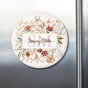 Íman Elegante Monograma Aquarela Floral de Flores Silve