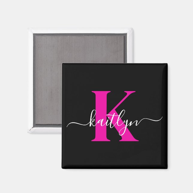 Íman Elegante Monograma de Letra Cursiva Preta e Rosa (Front/Back)
