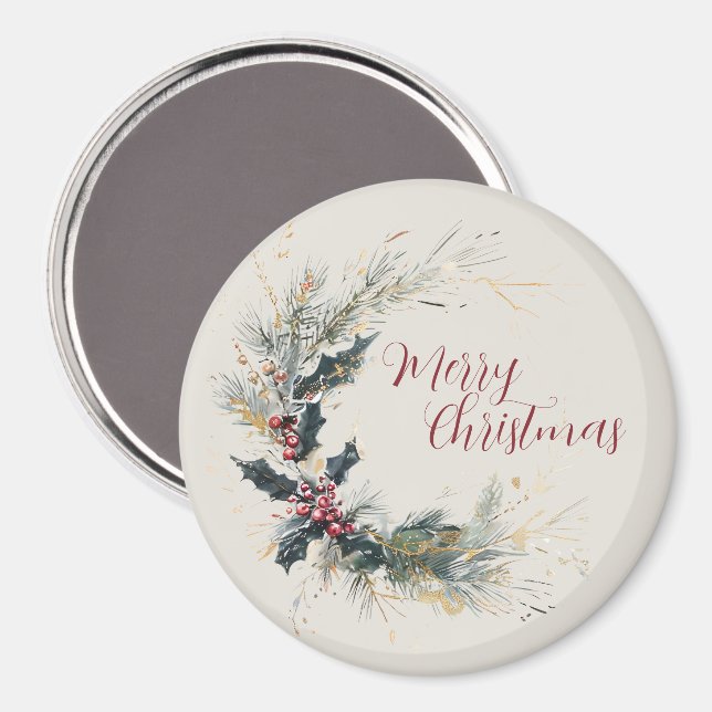 Íman Elegante Pine e Holly Wreath com Destaques Dourado (Front/Back)