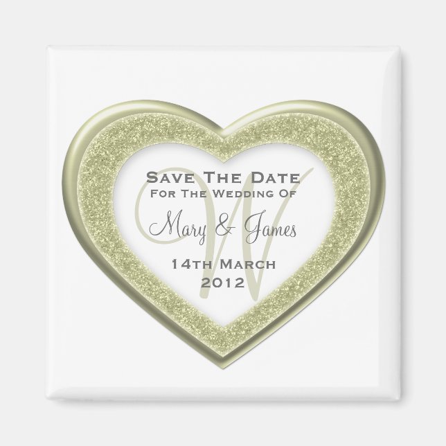 Íman Elegante Salve A Data Glitter Heart Dourado White (Frente)