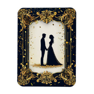 Íman Elegante Silhueta de Casamento com Moldura Dourada