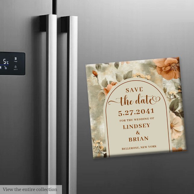 Íman Elegante Terracota Marfim Floral Sage para Salvar  (The most trendy wedding color scheme is terracotta, and this elegant boho Save the Date magnet captu)
