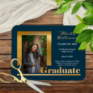 Íman Elegante Texto Dourado Graduado 1 Foto Dk Verde-ág