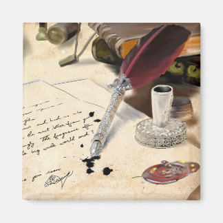 Íman Elegante vintage, caneta vermelha de pena e tinta