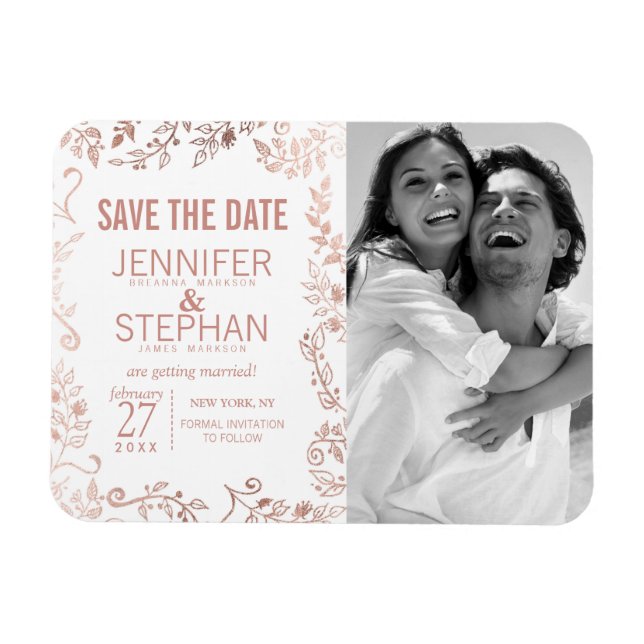 Íman Elegante White Rose Dourada Floral Salve as Datas (Horizontal)