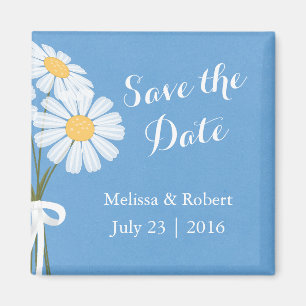 Íman Elegantes Margaridas Brancas Azuis Save the Date C