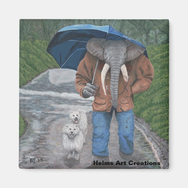 Íman Elephant Man Dog Walking Fantasy Art Button Magnet (Frente)