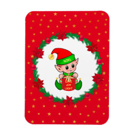 Íman elfo de Natal, grinalda de pinheiro, poinsettias e