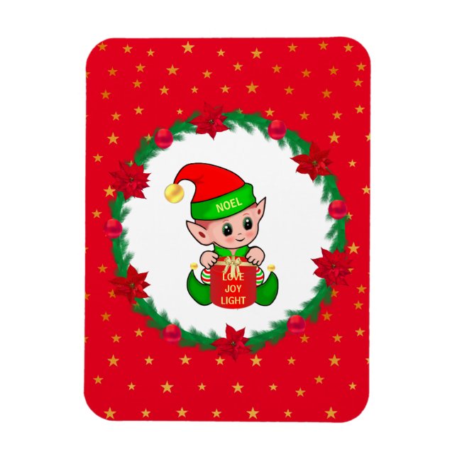 Íman elfo de Natal, grinalda de pinheiro, poinsettias e (Vertical)
