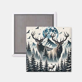 Íman Elk em uma Floresta Mística sob uma Montanha Lua