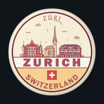 Íman Emblem Skyline Cidade Suiça de Zurique<br><div class="desc">Design de arte minimalista e colorida de Zurique com monumentos e marcos da cidade em Suiças.</div>