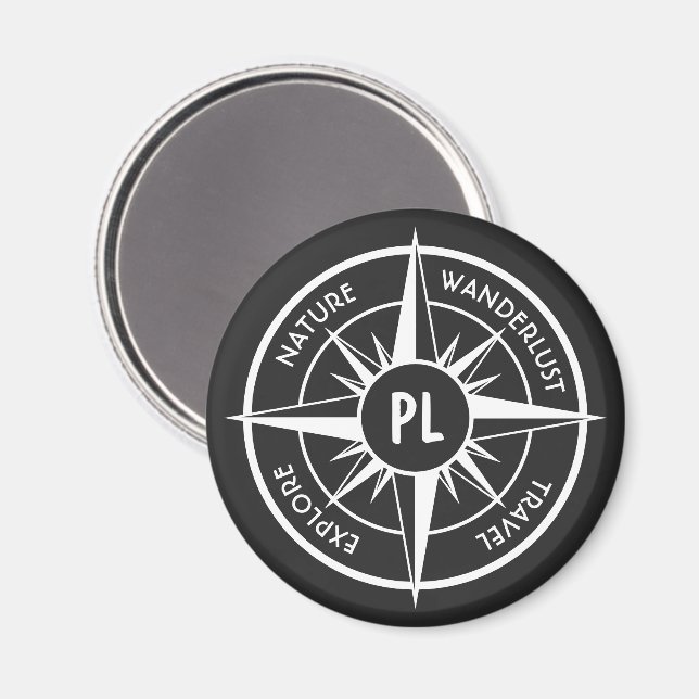 Íman Emblema de estrela da bússola monograma preto e br (Front/Back)