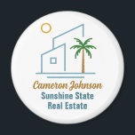 Íman Empresa Imobiliária Praia Personalizável<br><div class="desc">Este magnata da companhia imobiliária tropical apresenta uma moderna casa azul de praia com uma palmeira costeira legal e sol-ilha. Personalize este item de marketing com o seu agente e o nome de negócios real para comprar clientes domésticos ao longo da costa.</div>