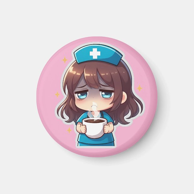 Íman Enfermeira Chibi Original - Café com Cansaço (Frente)