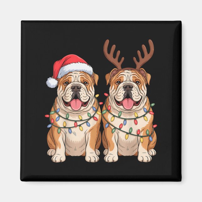 Íman English Bulldog Christmas Santa Hat Reindeer Light (Frente)