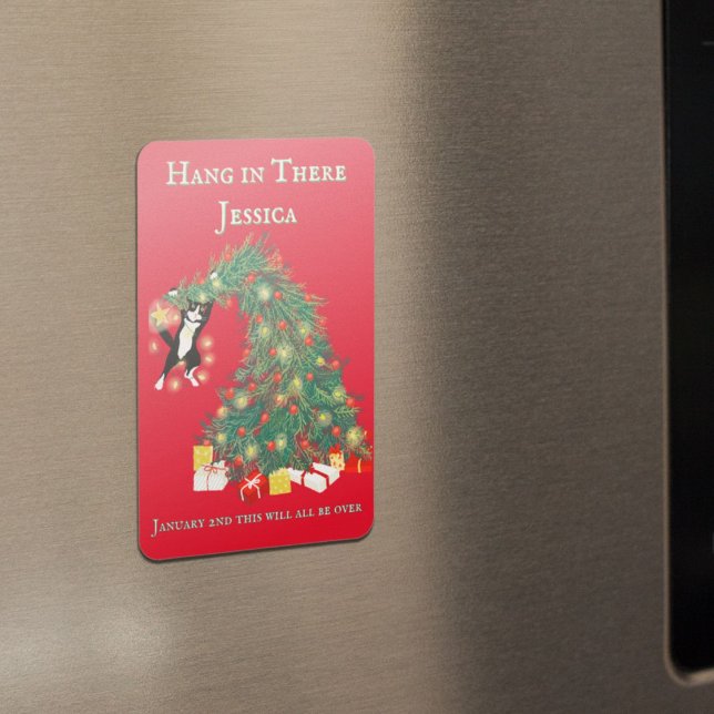 Íman Engraçada Gato na Árvore de Natal (Funny Sarcastic encouragement Hang In there Cat in Christmas Tree Custom Christmas Magnet)