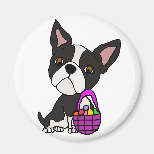 Íman Engraçado Boston Terrier Dog com Páscoa Basket (Frente)