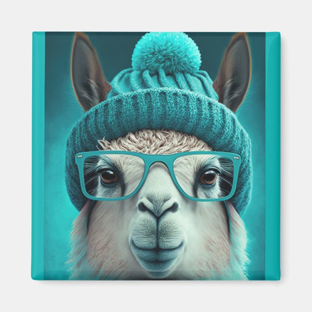 Íman Engraçado Llama Alpaca Cute Animal Beanie Hat Glas (Frente)
