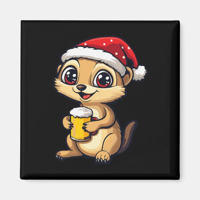 Íman Engraçado Meerkat De Natal Com Bicho De Cerveja (Frente)