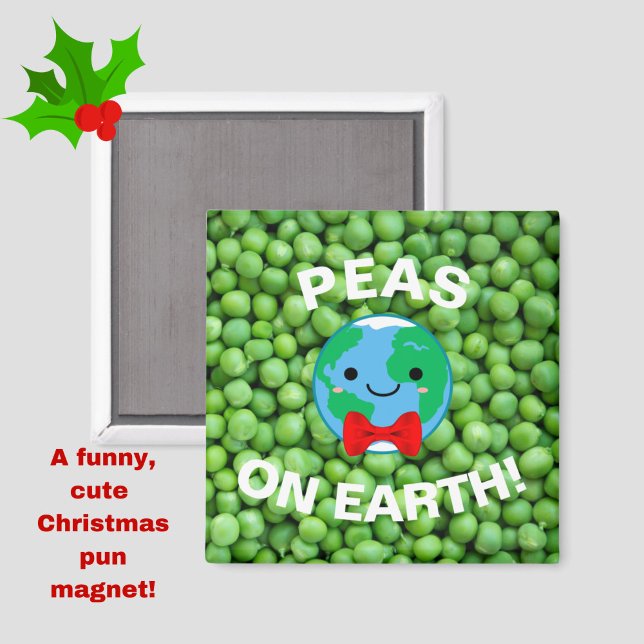 Íman Engraçado Natal "Ervilhas na Terra" Punny Cute Mag (Peas on Earth and Goodwill to All! A funny, cute pun magnet for Christmas!)