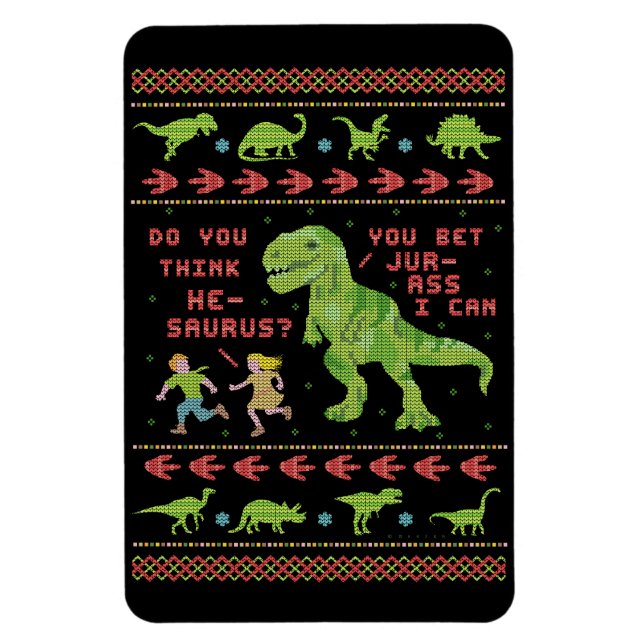 Íman Engraçado Natal T Rex Dinossaur Humor Faux Knit (Vertical)