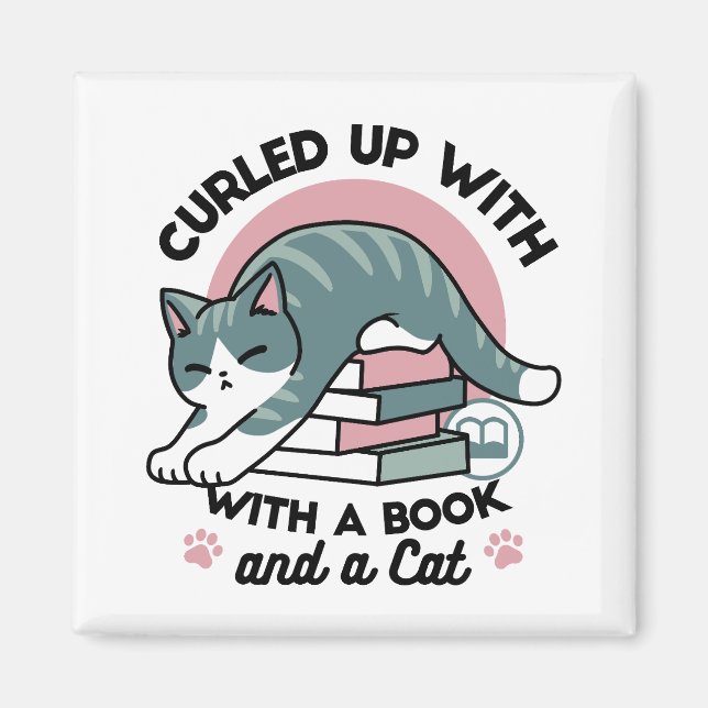 Íman Enrolados com um Livro e um Gato - Leitura de Gato (Frente)