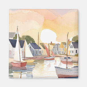 Íman Enseada de Barcos Pintura em Aquarela da Água do