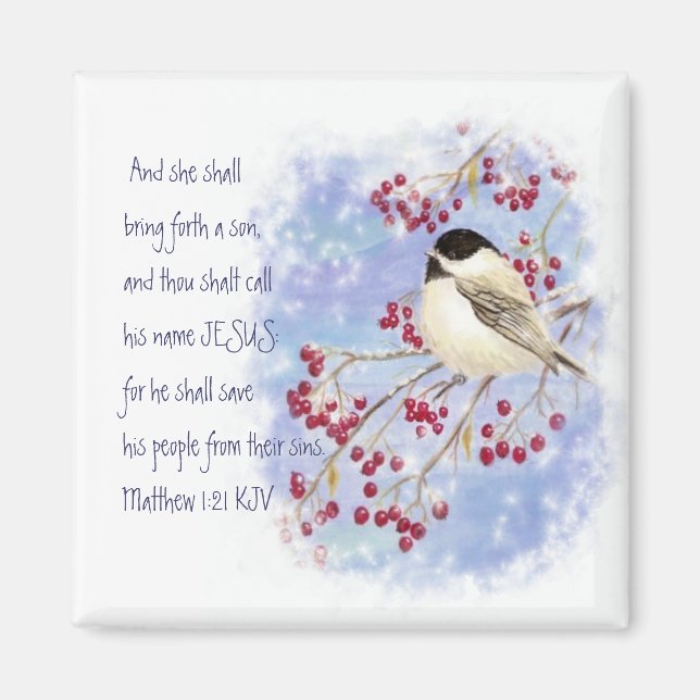 Íman Escritura de Natal Chickadee Snowy Berry (Frente)