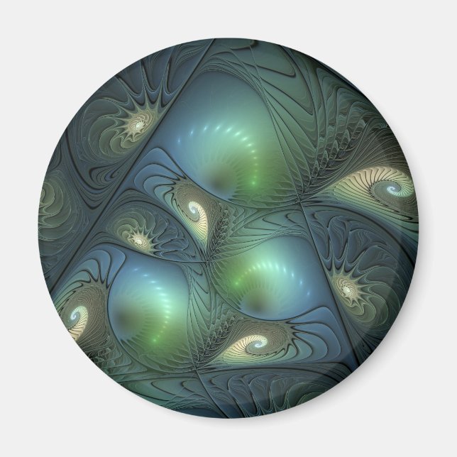 Íman Espirais Teal Beige Verde Abstrato Fractal (Frente)