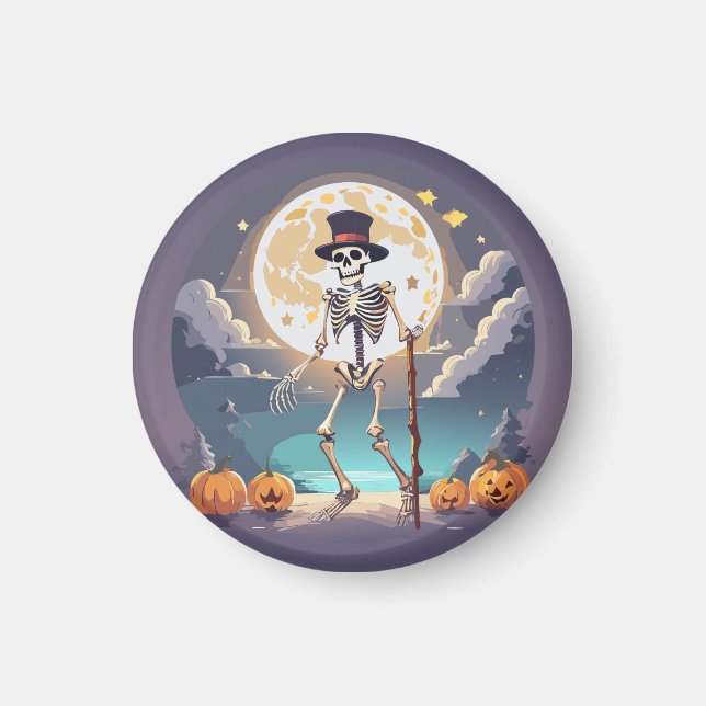 Íman Esqueleto Dançando Sob a Lua no Halloween (Frente)