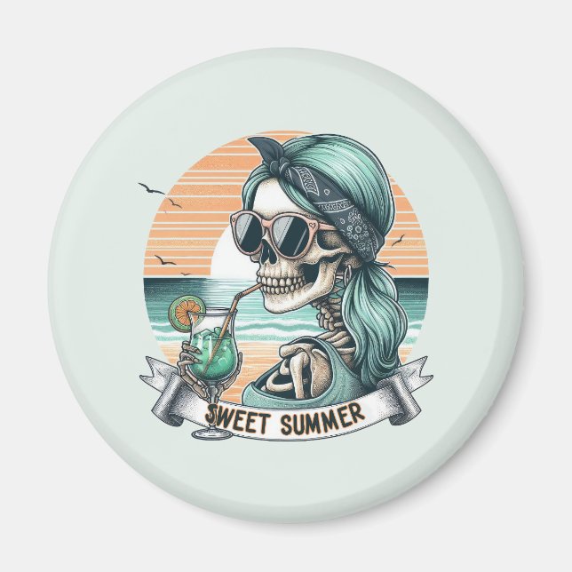 Íman Esqueleto de verão doce - Design de Sol retrô (Frente)