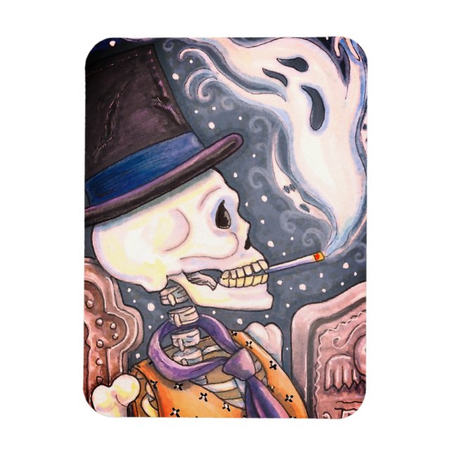 ÍMAN  ESQUELETO FUMADOR COM FANTASMAS NO CEMITÉRIO SPOOK (Vertical)