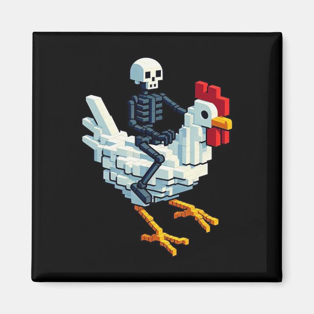 Íman Esqueleto Montando Frango Estilo Bloco Pixel Art G (Frente)