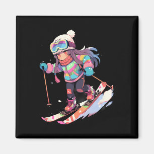 Íman Esquiando Esqui Neve Esquiador Chibi Meninas Crian