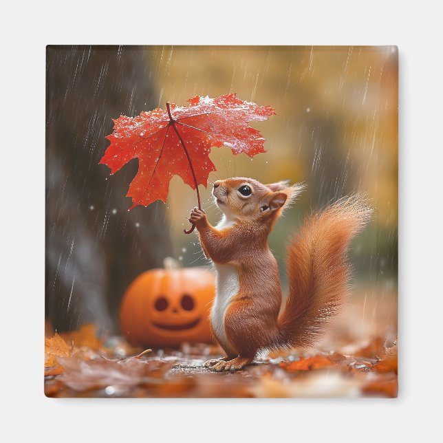 Íman Esquilo bonito com guarda-chuva de folha - Chuva d (Frente)