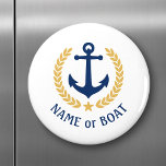 Íman Estilo Dourado de Âncora do Nome do Barco Laurel B<br><div class="desc">Um ímã redondo personalizado com o nome do barco,  o nome da família ou outro texto desejado,  conforme necessário. Apresentando uma âncora náutica personalizada,  folhas de louros de estilo ouro e emblema de estrela em branco ou ajustando facilmente a cor primária para corresponder ao seu tema atual.</div>