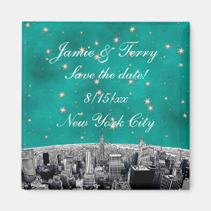 Íman Etched NYC Skyline 2 Teal Gold Star Salvar Data