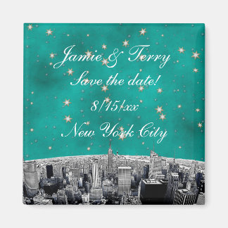 Íman Etched NYC Skyline 2 Teal Gold Star Salvar Data