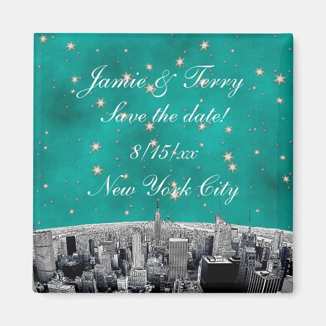 Íman Etched NYC Skyline 2 Teal Gold Star Salvar Data (Frente)