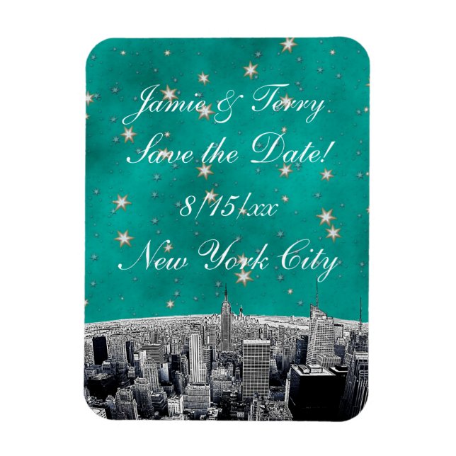 Íman Etched NYC Skyline 2 Verde Turquesa Estrela Salvar (Vertical)