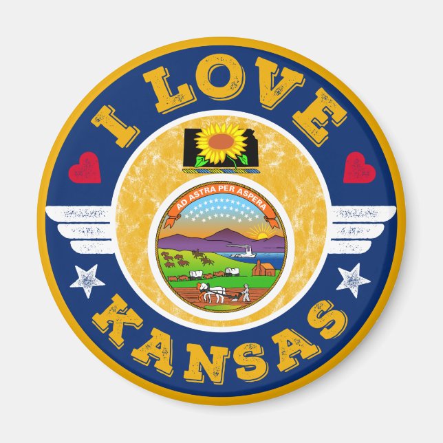 Íman Eu amo mapa e bandeira do Estado do Kansas (Frente)