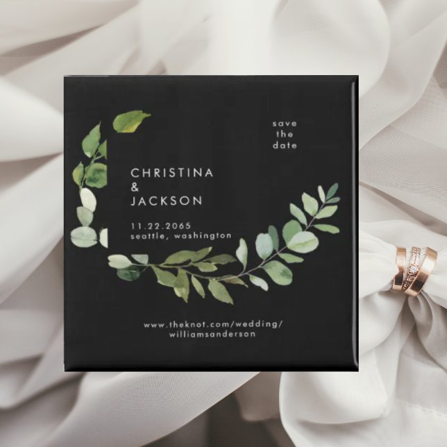 Íman Eucalyptus B/W Quadrado de Casamento Save the Date (Criador carregado)