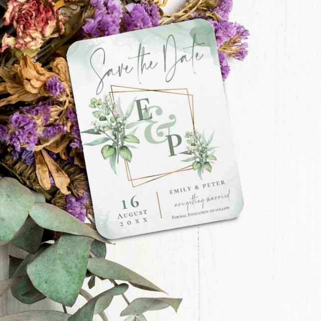 Íman Eucalyptus deixa Dourada armação salva casamentos  (Eucalyptus Leaves Gold Frame Greenery Wedding Save the Date Magnet)