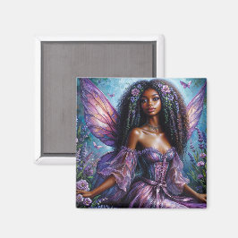 Íman Fada Negra Com Asas Roxas e Flores