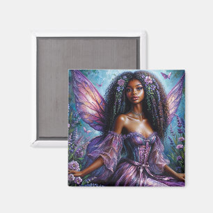 Íman Fada Negra Com Asas Roxas e Flores